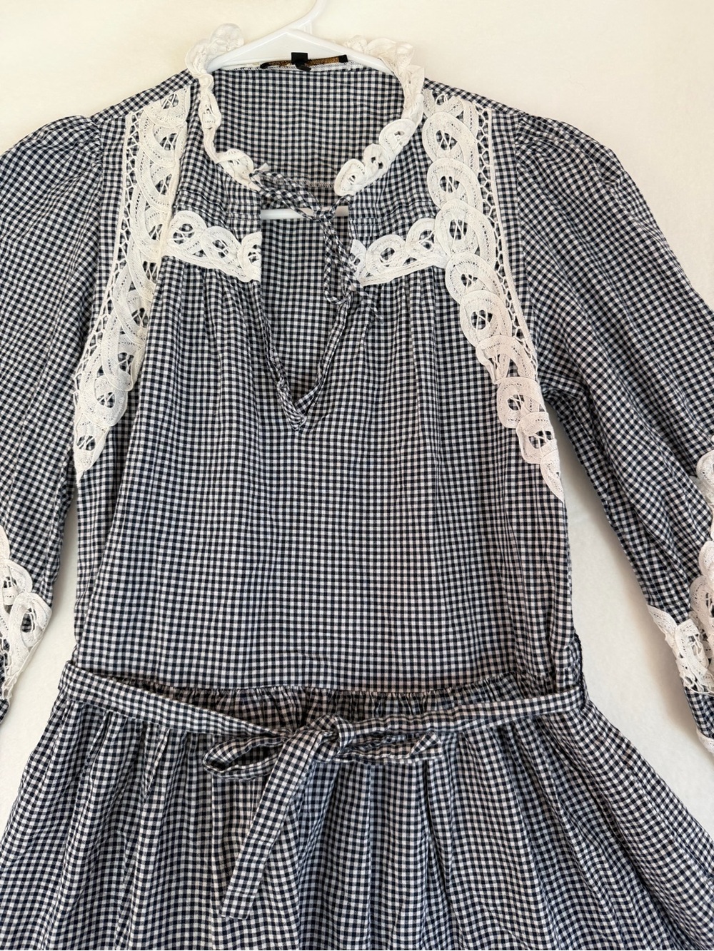 Maje Navy Gingham and Lace-Trim Dress with Tie Waist - Picture 3 of 11